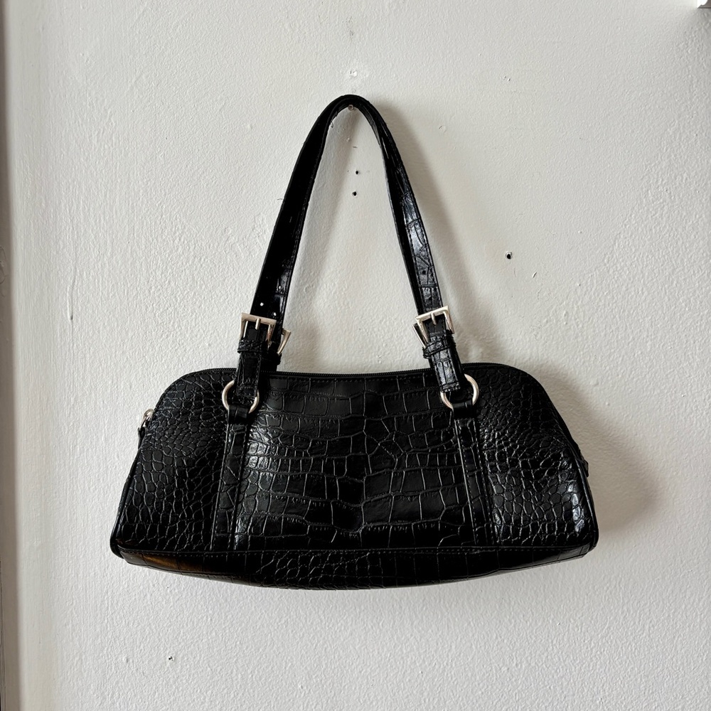 Vtg faux leather alligator black small baguette shoulder bag purse double strap